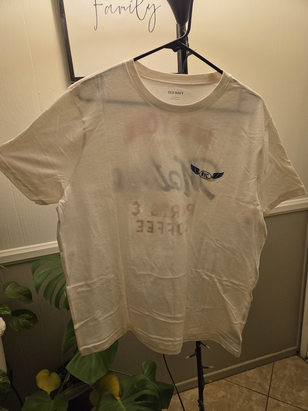 Old Navy Men's Cream Graphic Crewneck Tee with Small Navy Wing Logo